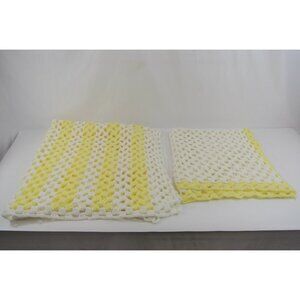 Knitted Baby Blanket Lot of 2 Handmade Crochet White & Yellow 32 x 28 & 43 x 34"